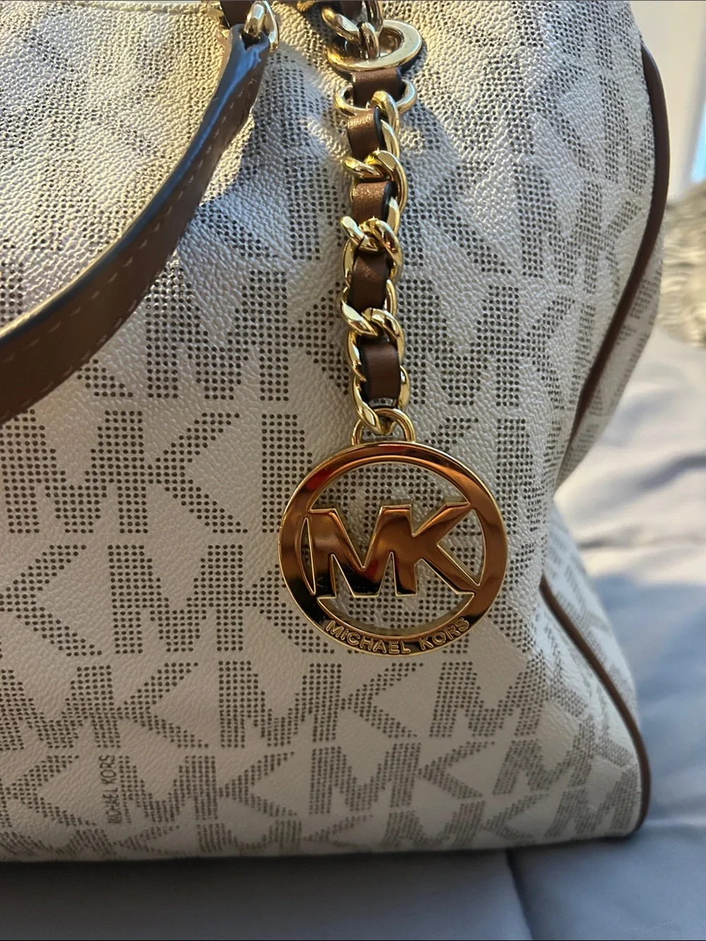 Michael Kors Cream MK Logo Tote with Gold Chain Handles